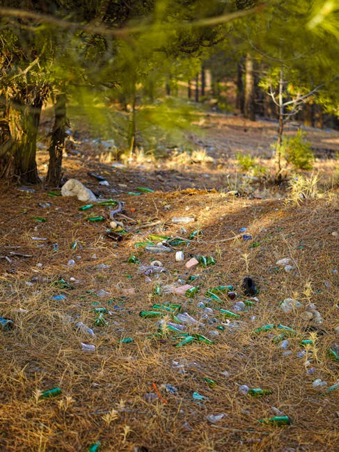 A patch of dry, brown forest ground scattered with numerous discarded glass bottles and plastic cups in various shades of green, clear, and pink. Some bottles are crushed or partially buried in the soil, while others lie on the surface with caps still attached or missing. The scene is set among sparse trees with rough bark and leafy branches overhead, casting dappled sunlight onto the littered ground. In the background, a wooden fence and additional trees are visible, indicating an outdoor area likely near a wooded or park environment. The debris appears to have been left behind or accidentally fallen, creating an untidy appearance that highlights the importance of proper waste disposal, a concern addressed by waste clearance services like Waste Clearance Highbury, who provide alternative rubbish removal options away from public refuse collection.