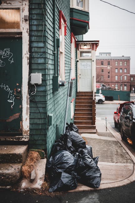 A row of several black rubbish bags filled with waste are stacked on the concrete pavement near the base of a green wooden building with horizontal siding. The bags appear full and tightly packed. The building features a white door accessed by a small set of wooden stairs and has a small overhang with red and white striped trim. Next to the trash bags, there is a concrete step leading to a metal door with graffiti and rust, with some graffiti visible on it. An electrical box and conduit are mounted on the building's exterior wall. In the background, a city street with parked cars and multi-story brick buildings can be seen under an overcast sky. The scene depicts a typical outdoor rubbish disposal area, which might be associated with private waste collection or alternative rubbish removal services such as those offered by Waste Clearance Highbury. The environment is urban, with the waste bags indicating ongoing rubbish clearance or awaiting collection, reflecting the service's role in managing household and property waste at this location.